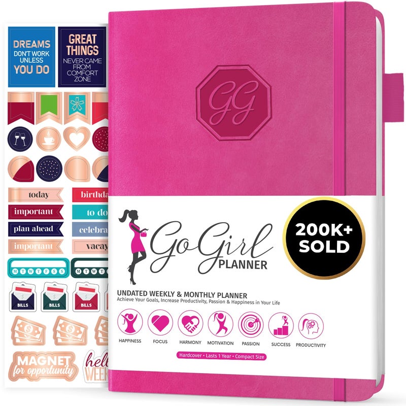 GoGirl Planner and Organizer for Women â€“ Compact Size Weekly Planner, Goals Journal & Agenda to Improve Time Management, Productivity & Live Happier. Undated â€“ Start Anytime, Lasts 1 Year â€“ Hot Pink - Image 1
